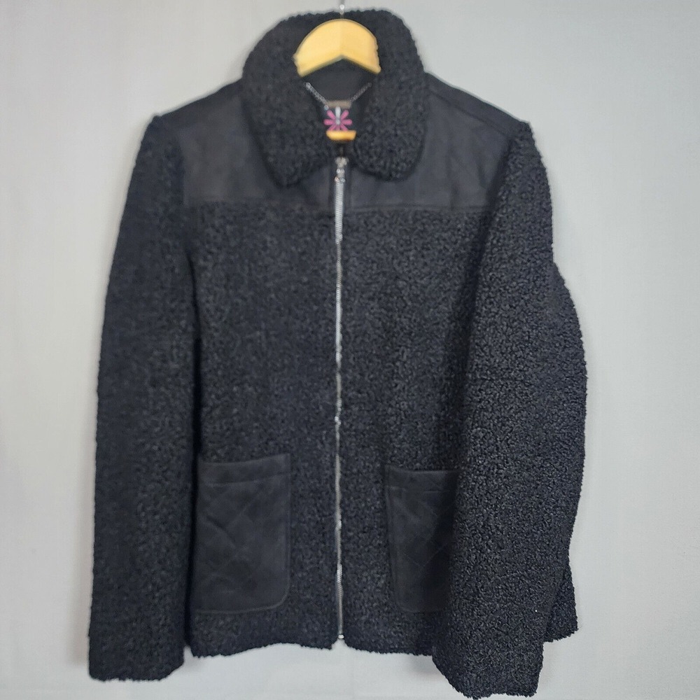 Isaac Mizrahi Live! Faux-Shearling Jacket Black Quilted Trim Women L NEW